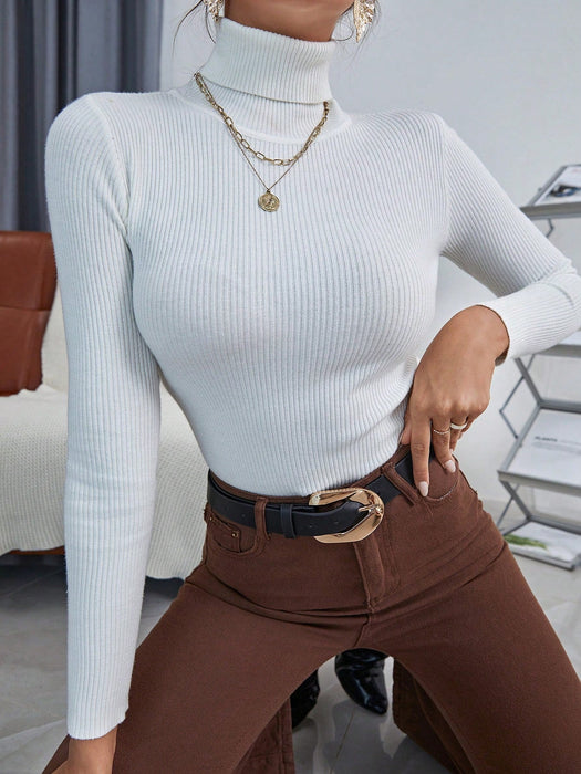 SHEIN EMERY ROSE Suéter de punto acanalado de cuello alto liso - Quierox - Tienda Online