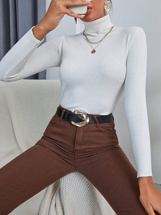 SHEIN EMERY ROSE Suéter de punto acanalado de cuello alto liso - Quierox - Tienda Online
