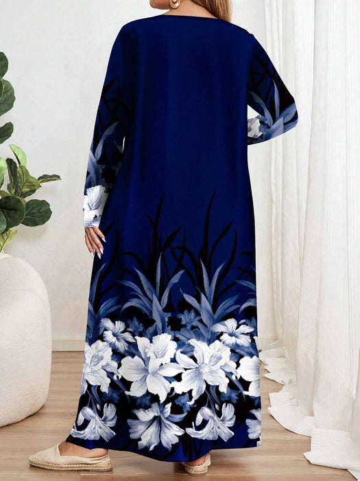 SHEIN EMERY ROSE Vestido de manga larga y cuello redondo elegante y vintage, azul marino con estampado floral - Quierox - Tienda Online