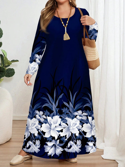 SHEIN EMERY ROSE Vestido de manga larga y cuello redondo elegante y vintage, azul marino con estampado floral - Quierox - Tienda Online