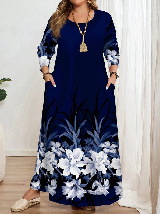 SHEIN EMERY ROSE Vestido de manga larga y cuello redondo elegante y vintage, azul marino con estampado floral - Quierox - Tienda Online