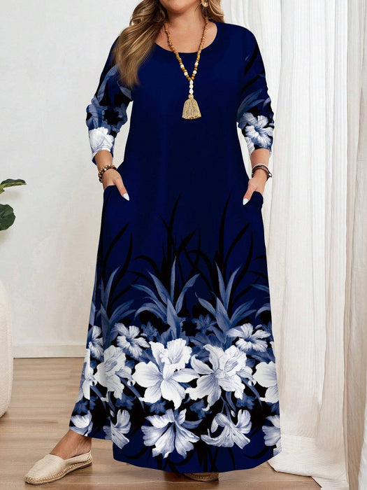 SHEIN EMERY ROSE Vestido de manga larga y cuello redondo elegante y vintage, azul marino con estampado floral - Quierox - Tienda Online