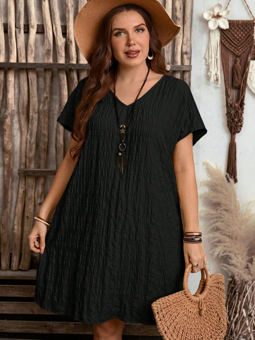 SHEIN EMERY ROSE Vestido de talla grande de unicolor con manga corta y escote en V - Quierox - Tienda Online