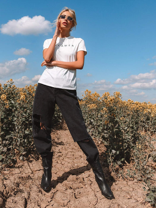 SHEIN Essnce Camiseta de manga corta con estampado de letra - Quierox - Tienda Online