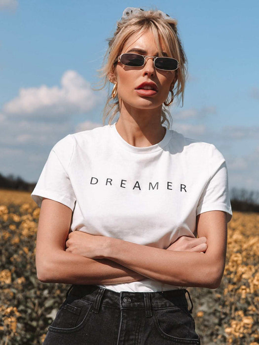 SHEIN Essnce Camiseta de manga corta con estampado de letra - Quierox - Tienda Online