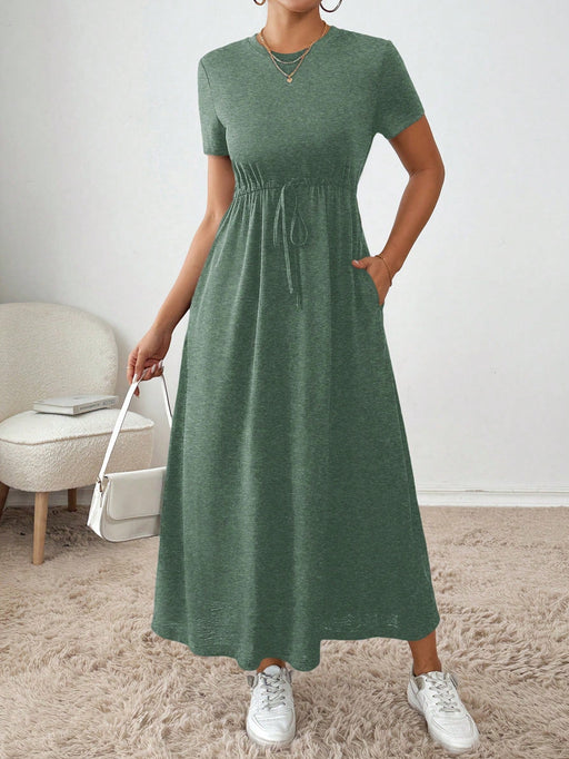 SHEIN Essnce Vestido sencillo de manga corta con cuello redondo y cordón ajustable en la cintura - Quierox - Tienda Online