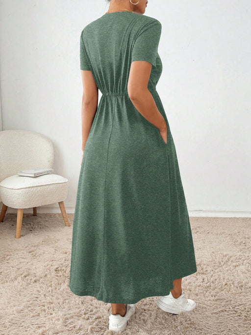 SHEIN Essnce Vestido sencillo de manga corta con cuello redondo y cordón ajustable en la cintura - Quierox - Tienda Online