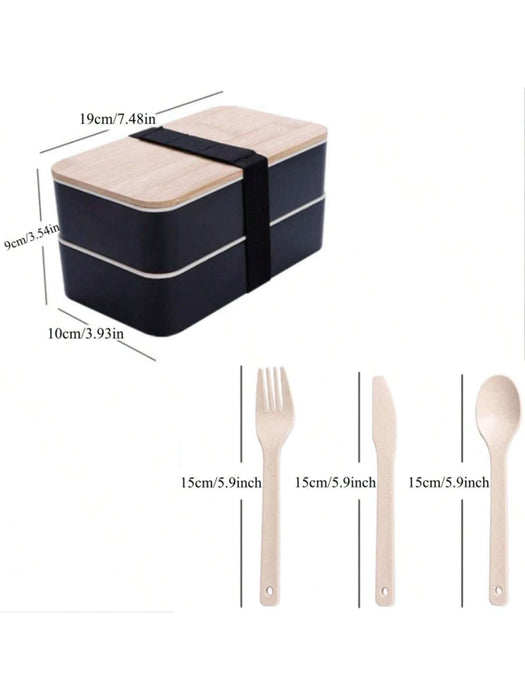 Shein EYSENC - Fiambrera doble con vajilla, portátil, de madera, a prueba de fugas, ideal para picnic - Quierox - Tienda Online