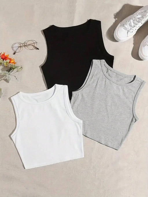SHEIN EZwear 3 unids/set Camisetas sin mangas con cuello redondo de color sólido - Quierox - Tienda Online