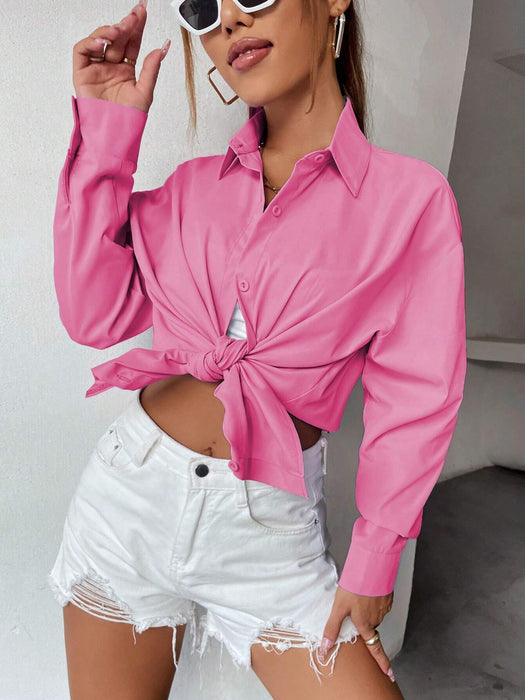 SHEIN EZwear Camisa amplia unicolor de hombros caídos con botón - Quierox - Tienda Online