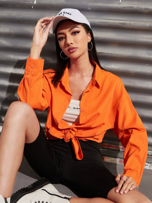 SHEIN EZwear Camisa amplia unicolor de hombros caídos con botón - Quierox - Tienda Online