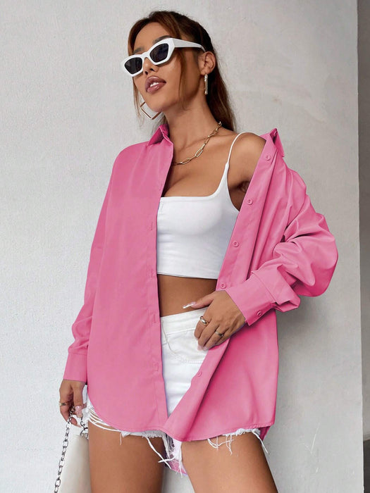 SHEIN EZwear Camisa amplia unicolor de hombros caídos con botón - Quierox - Tienda Online