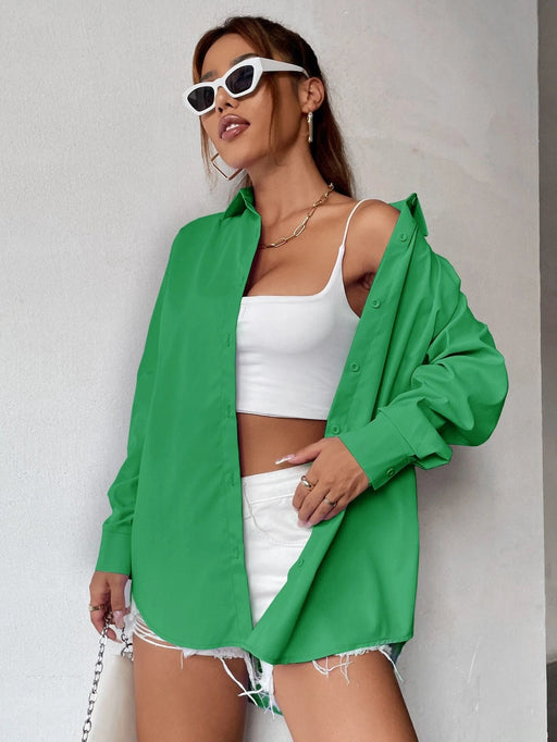 SHEIN EZwear Camisa amplia unicolor de hombros caídos con botón - Quierox - Tienda Online