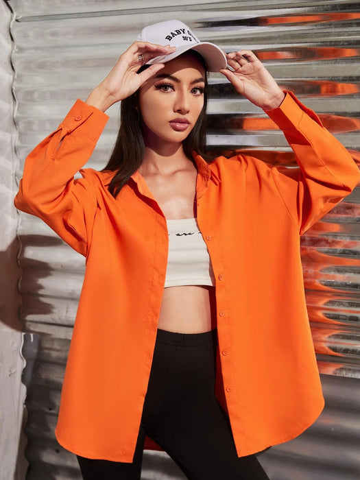 SHEIN EZwear Camisa amplia unicolor de hombros caídos con botón - Quierox - Tienda Online