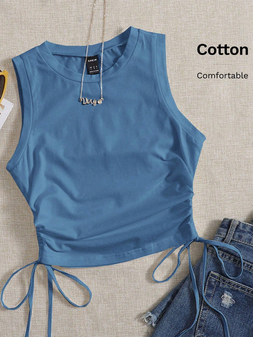 SHEIN EZwear Camiseta corta sin mangas con cordón y fruncido lateral - Quierox - Tienda Online