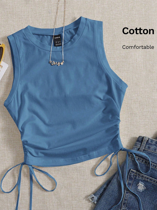 SHEIN EZwear Camiseta corta sin mangas con cordón y fruncido lateral - Quierox - Tienda Online