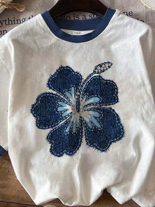 SHEIN EZwear Camiseta de ajuste holgado, estampado floral azul y estilo minimalista - Quierox - Tienda Online