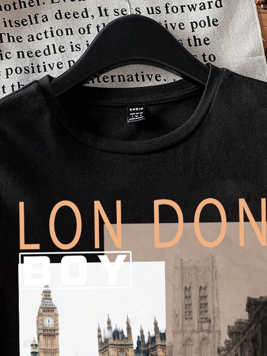 SHEIN EZwear Camiseta de manga corta ajustada informal de talla grande con diseño arquitectónico - Quierox - Tienda Online