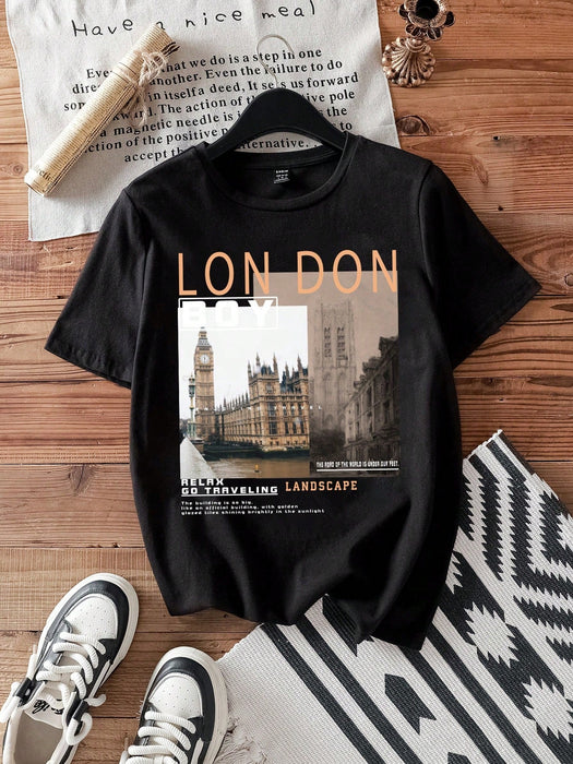 SHEIN EZwear Camiseta de manga corta ajustada informal de talla grande con diseño arquitectónico - Quierox - Tienda Online