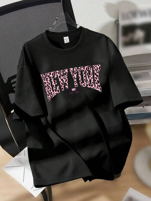 SHEIN EZwear Camiseta de manga corta con cuello redondo y estampado de leopardo de talla grande - Quierox - Tienda Online