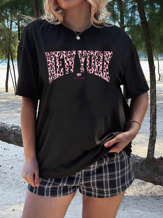 SHEIN EZwear Camiseta de manga corta con cuello redondo y estampado de leopardo de talla grande - Quierox - Tienda Online