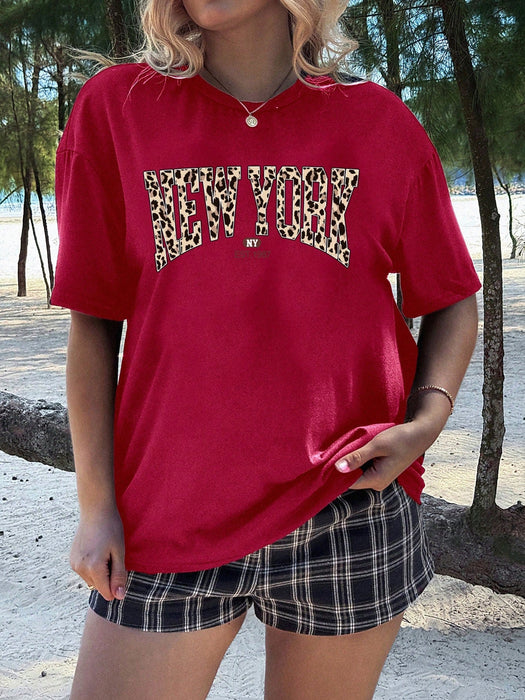 SHEIN EZwear Camiseta de manga corta con cuello redondo y estampado de leopardo de talla grande - Quierox - Tienda Online