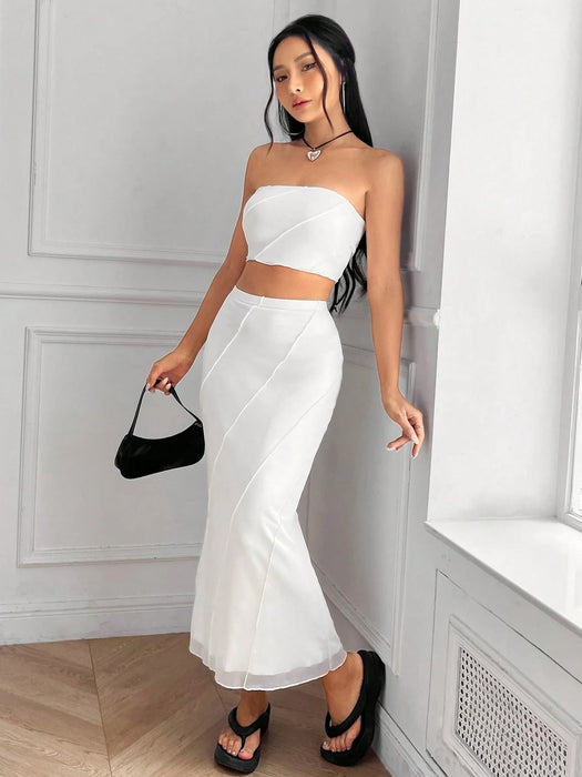 SHEIN EZwear Conjunto De Verano: Top De Tubo Sólido Y Falda De Dobladillo De Sirena - Quierox - Tienda Online