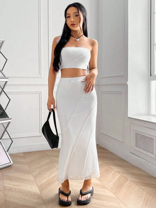 SHEIN EZwear Conjunto De Verano: Top De Tubo Sólido Y Falda De Dobladillo De Sirena - Quierox - Tienda Online