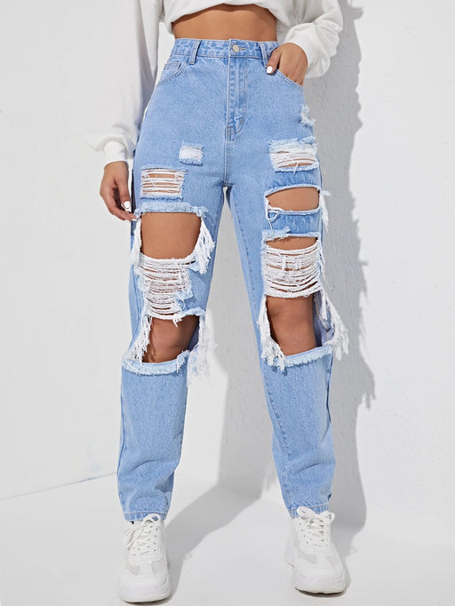 SHEIN EZwear Jeans de pierna recta con abertura desgarro crudo - Quierox - Tienda Online