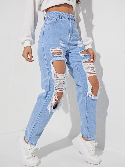 SHEIN EZwear Jeans de pierna recta con abertura desgarro crudo - Quierox - Tienda Online