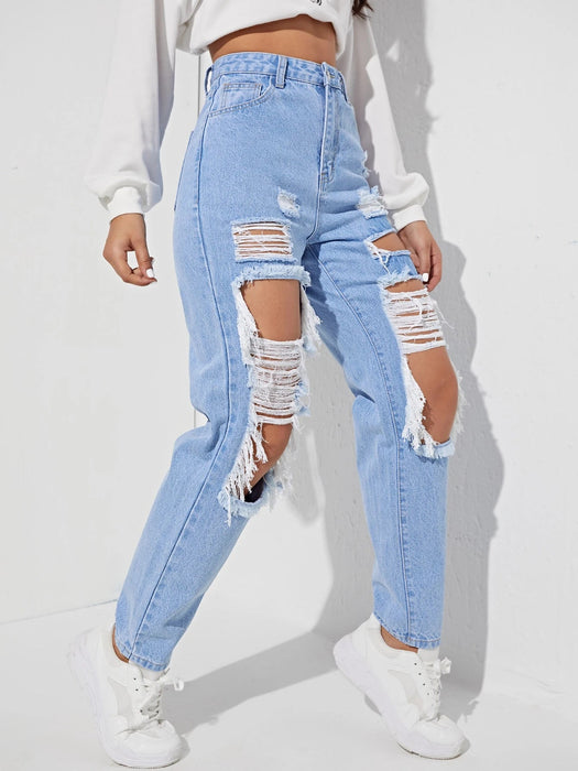 SHEIN EZwear Jeans de pierna recta con abertura desgarro crudo - Quierox - Tienda Online