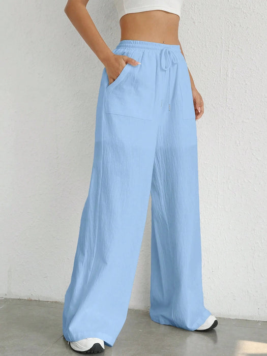 SHEIN EZwear Pantalones de pierna ancha tejidos con cintura elástica para mujeres - Quierox - Tienda Online