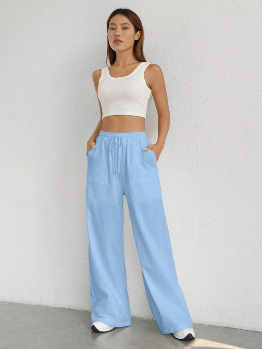 SHEIN EZwear Pantalones de pierna ancha tejidos con cintura elástica para mujeres - Quierox - Tienda Online