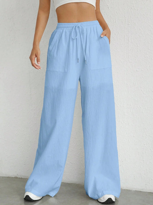 SHEIN EZwear Pantalones de pierna ancha tejidos con cintura elástica para mujeres - Quierox - Tienda Online