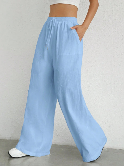SHEIN EZwear Pantalones de pierna ancha tejidos con cintura elástica para mujeres - Quierox - Tienda Online