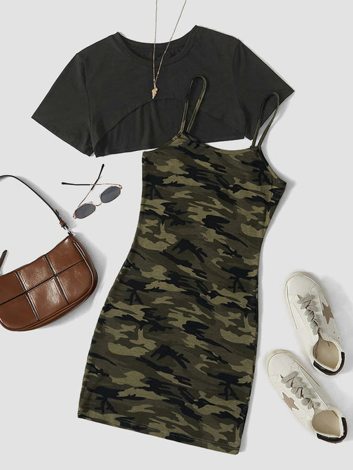 SHEIN EZwear Plus Vestido camisero con estampado de camuflaje y camiseta asimétrica - Quierox - Tienda Online