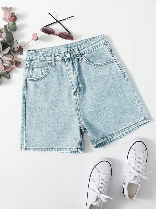 SHEIN EZwear Shorts de mezclilla con botones y bolsillos frontales, uso informal - Quierox - Tienda Online