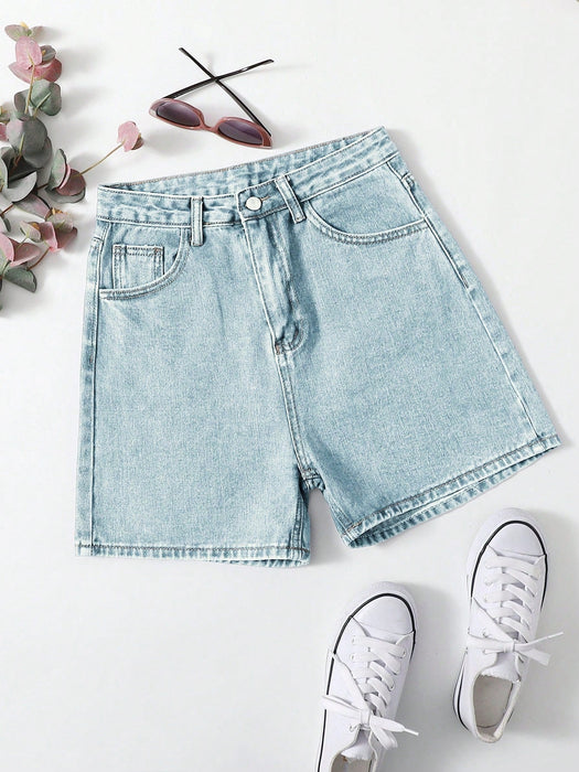 SHEIN EZwear Shorts de mezclilla con botones y bolsillos frontales, uso informal - Quierox - Tienda Online