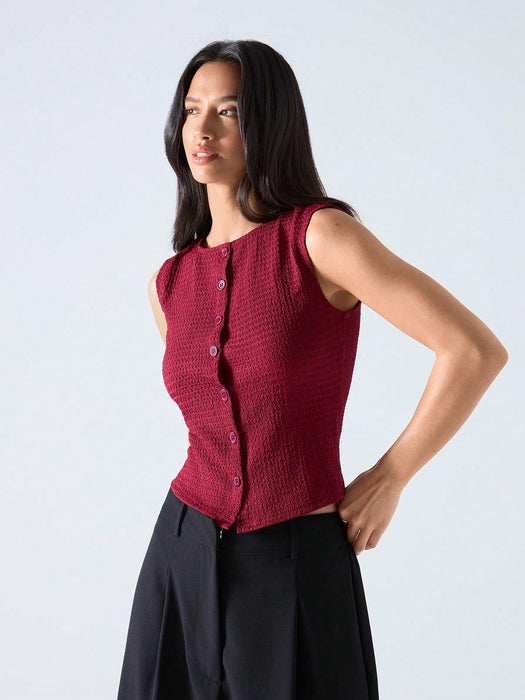 SHEIN EZwear Top corto casual y ajustado de unicolor con botones de mujer - Quierox - Tienda Online