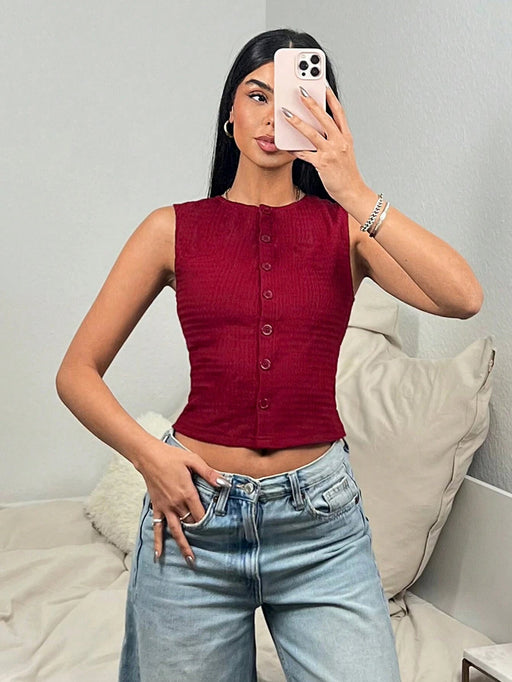 SHEIN EZwear Top corto casual y ajustado de unicolor con botones de mujer - Quierox - Tienda Online