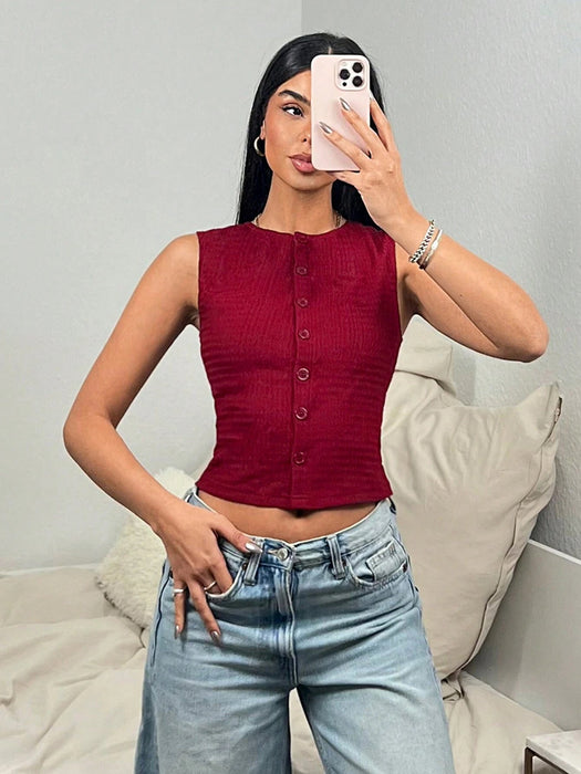 SHEIN EZwear Top corto casual y ajustado de unicolor con botones de mujer - Quierox - Tienda Online