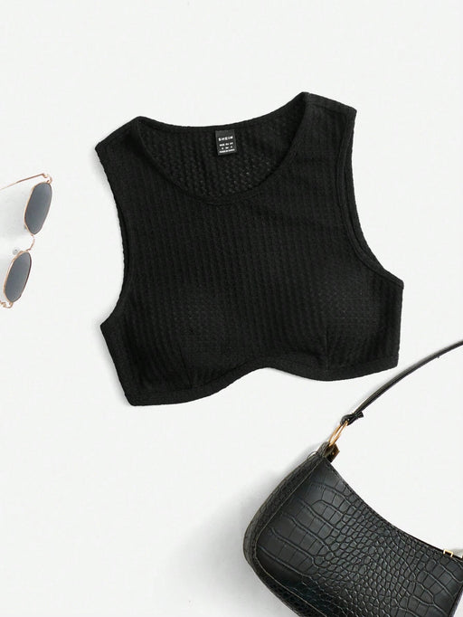 SHEIN EZwear Top corto de verano negro con cuello halter y estampado de gofres - Quierox - Tienda Online