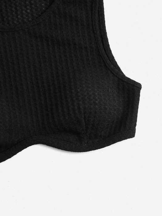 SHEIN EZwear Top corto de verano negro con cuello halter y estampado de gofres - Quierox - Tienda Online