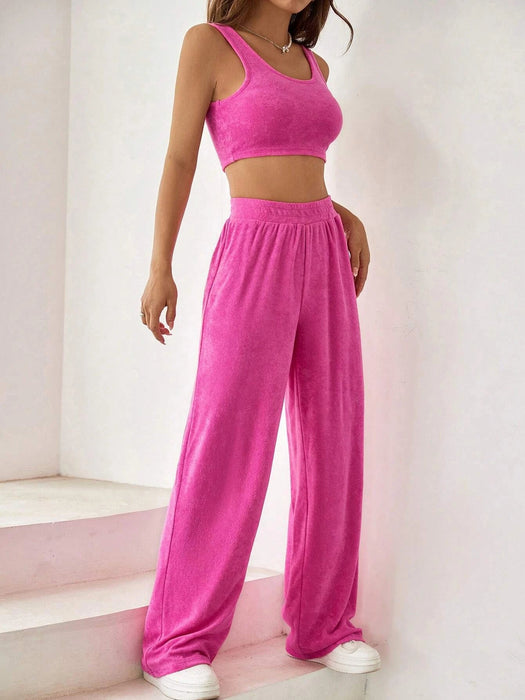 SHEIN EZwear Top corto liso sin mangas y pantalones de pierna ancha - Quierox - Tienda Online