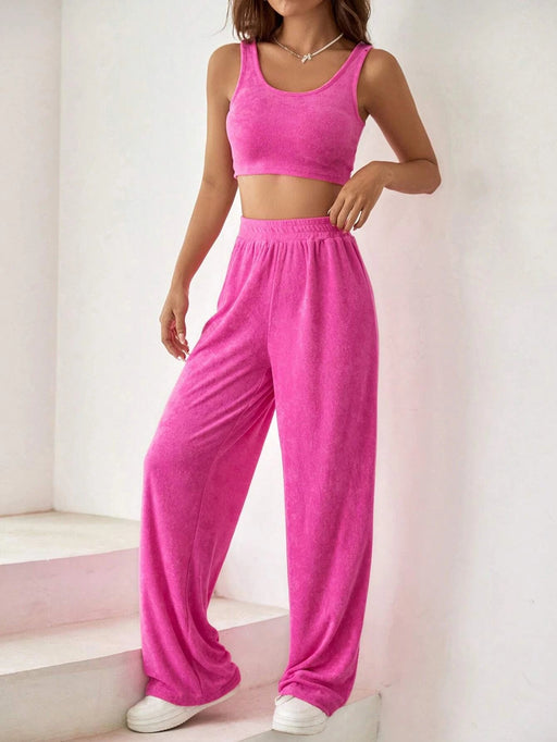 SHEIN EZwear Top corto liso sin mangas y pantalones de pierna ancha - Quierox - Tienda Online