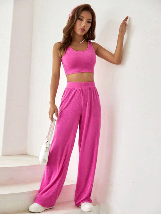 SHEIN EZwear Top corto liso sin mangas y pantalones de pierna ancha - Quierox - Tienda Online