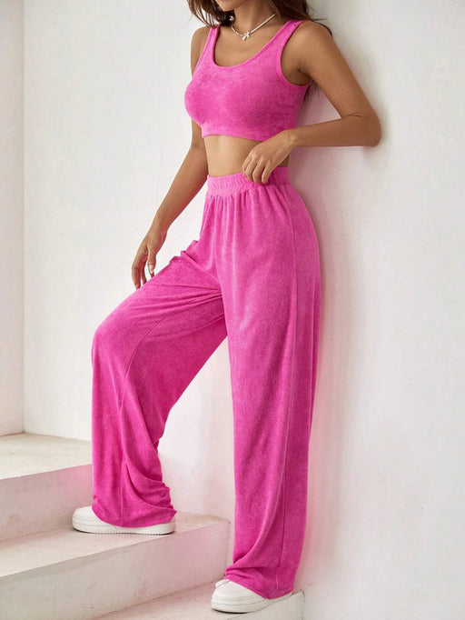 SHEIN EZwear Top corto liso sin mangas y pantalones de pierna ancha - Quierox - Tienda Online