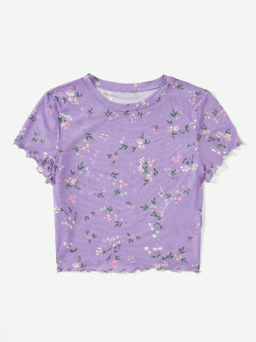 SHEIN EZwear Top de malla con ribete de lechuga y estampado floral de verano - Quierox - Tienda Online