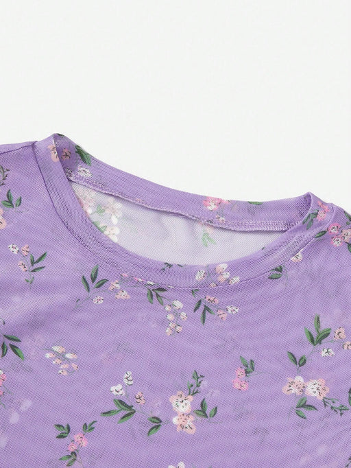 SHEIN EZwear Top de malla con ribete de lechuga y estampado floral de verano - Quierox - Tienda Online