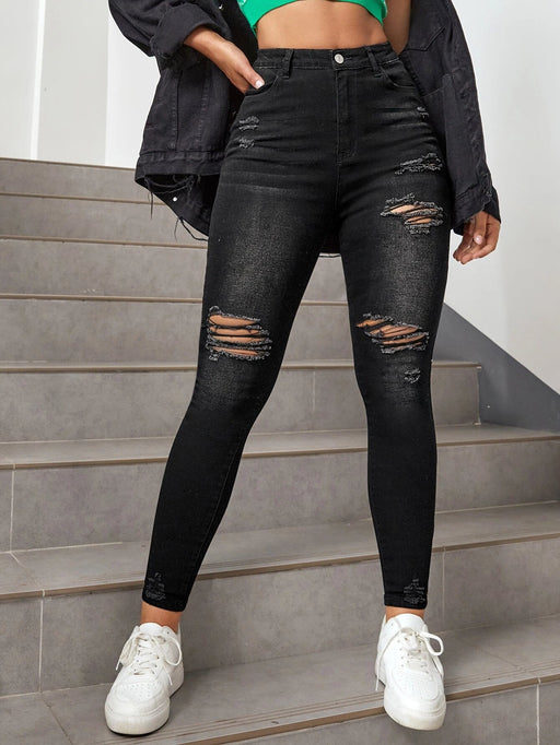 SHEIN EZwear Vaqueros ajustados con detalle roto - Quierox - Tienda Online